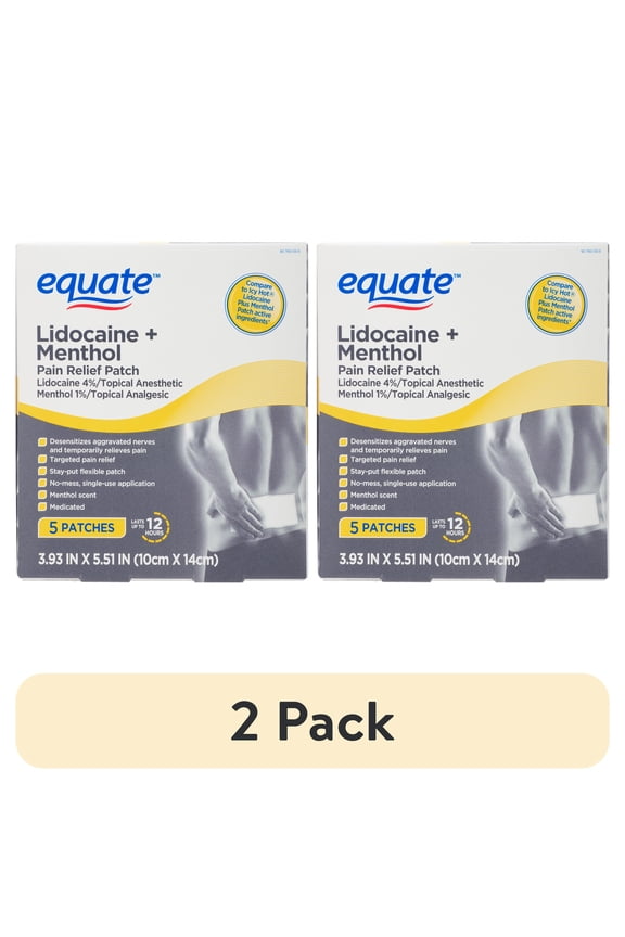 (2 pack) Equate Lidocaine + Menthol Pain Relief Patch 4% Lidocaine 1% Menthol, 5 Count, Compare To Icy Hot® Lidocaine Plus Menthol Patch Active Ingredients