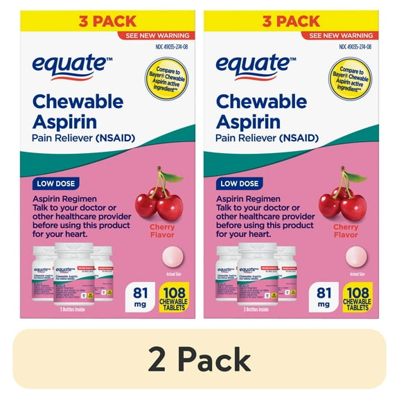 (2 pack) Equate Low Dose Aspirin Chewable Tablets, 81 mg , Cherry Flavor, 108 Count (3x36 Count), Compare to Bayer Chewable Aspirin Active Ingredient