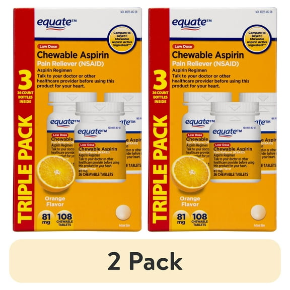 (2 pack) Equate Low Dose Aspirin Chewable Tablets, 81 mg , Orange Flavor, 108 Count (3x36 Count), Compare to Bayer Chewable Aspirin Active Ingredient