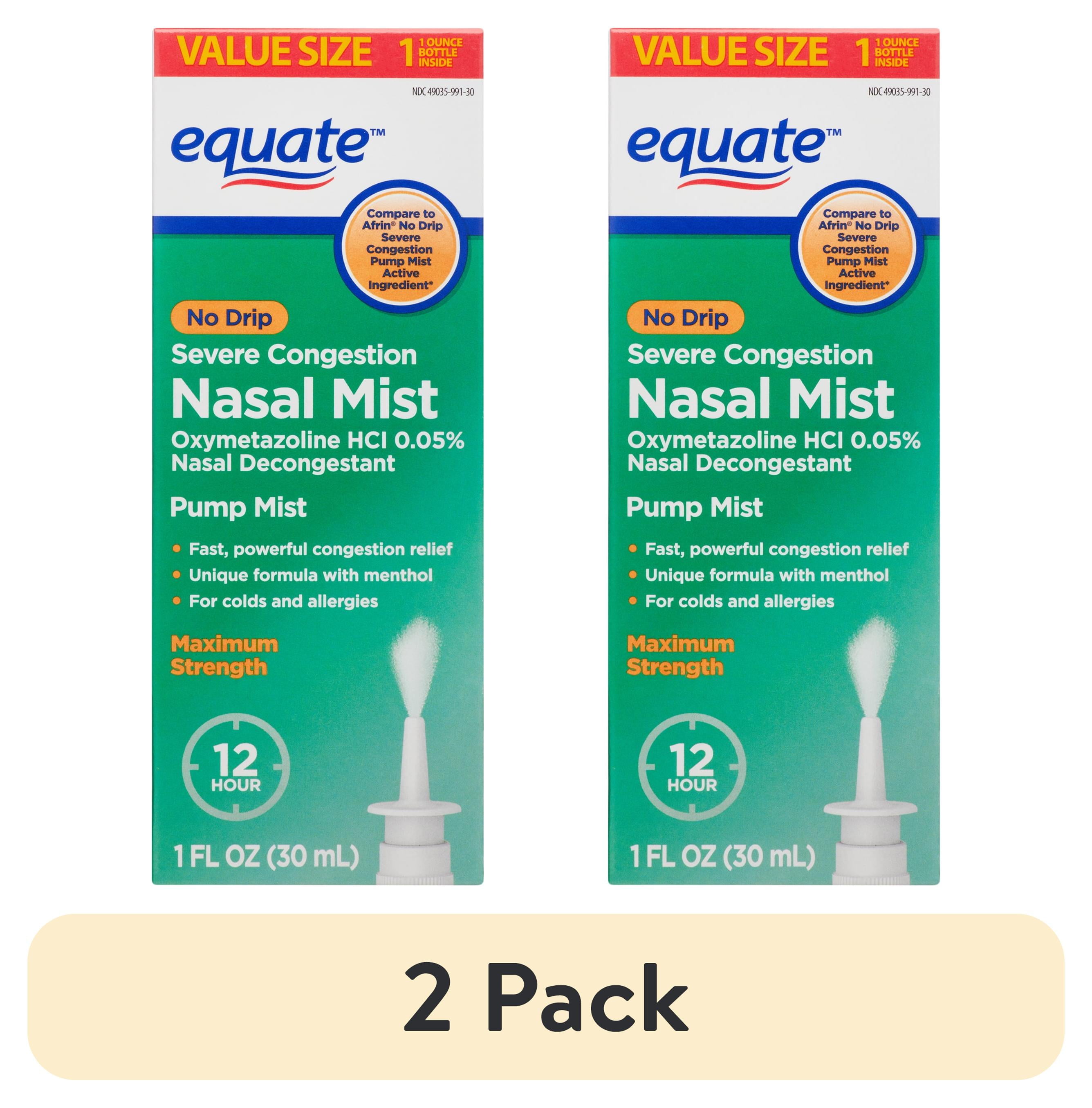 (2 pack) Equate No Drip Severe Congestion Nasal Mist Oxymetazoline HCl 0.05% Decongestant, 12 Hour Relief, 1 fl oz, Compare to Afrin