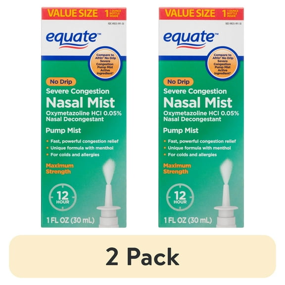 (2 pack) Equate No Drip Severe Congestion Nasal Mist Oxymetazoline HCl 0.05% Decongestant, 12 Hour Relief, 1 fl oz, Compare to Afrin