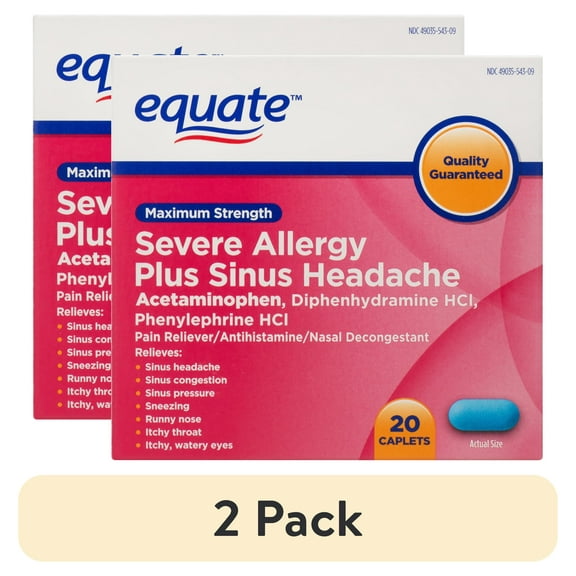 (2 pack) Equate Maximum Strength Severe Allergy Plus Sinus Headache Caplets, 20 Count