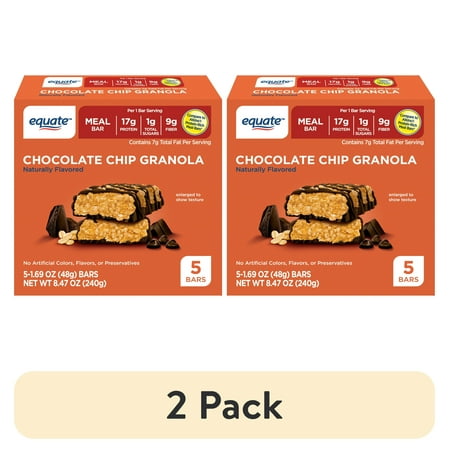 (2 pack) Equate Meal Bar, Chocolate Chip Granola, 5 Ct