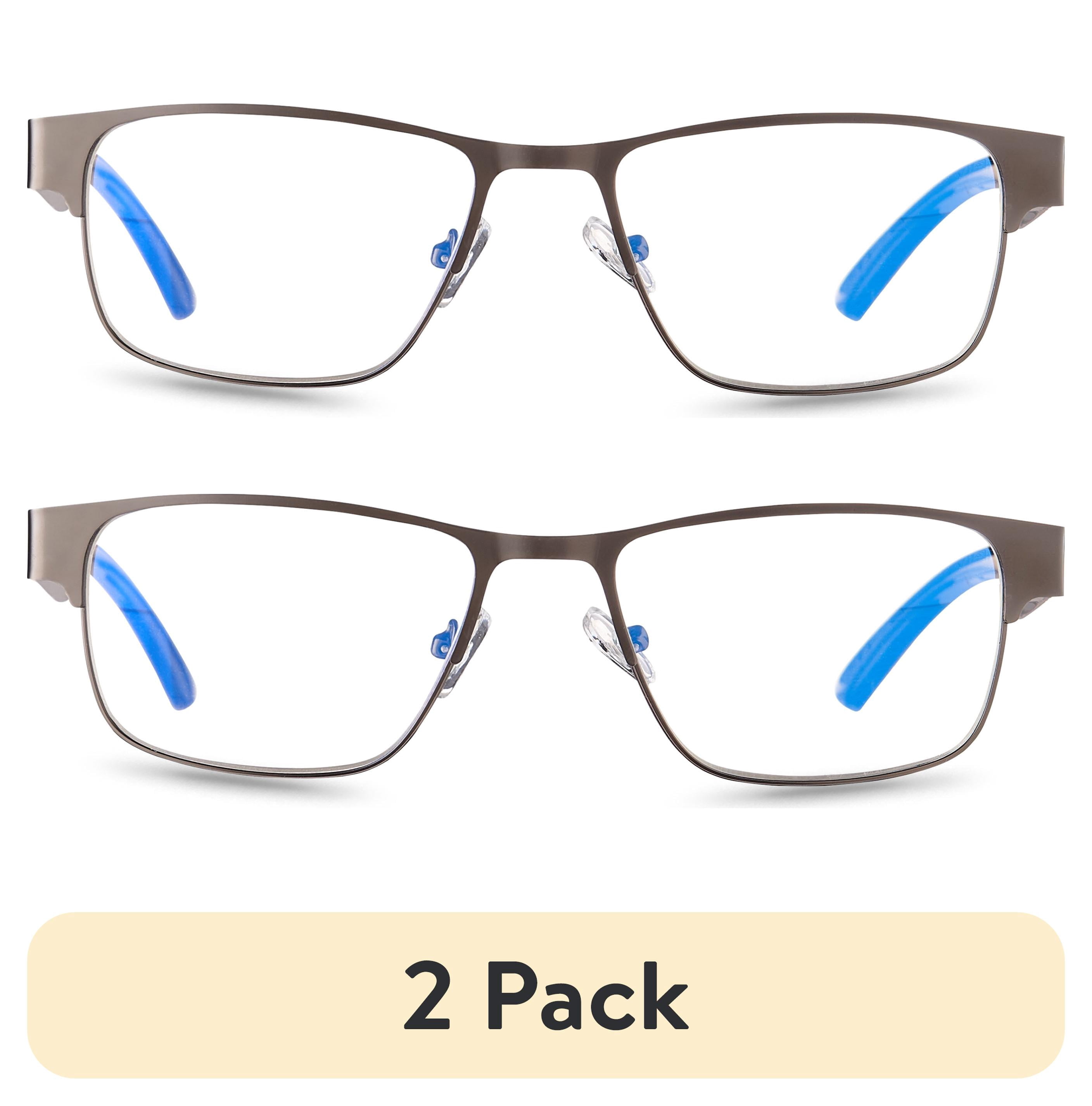 (2 pack) Equate Men's Miller Bluelight Spring Hinge Rectangular Reading Glasses with Case, Gun Metal, +1.50