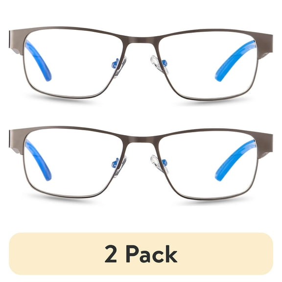 (2 pack) Equate Men's Miller Bluelight Spring Hinge Rectangular Reading Glasses with Case, Gun Metal, +1.75