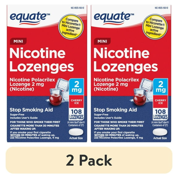 (2 pack) Equate Mini Nicotine Lozenge 2 mg, Stop Smoking Aid, Cherry Ice Flavor, 108 Count