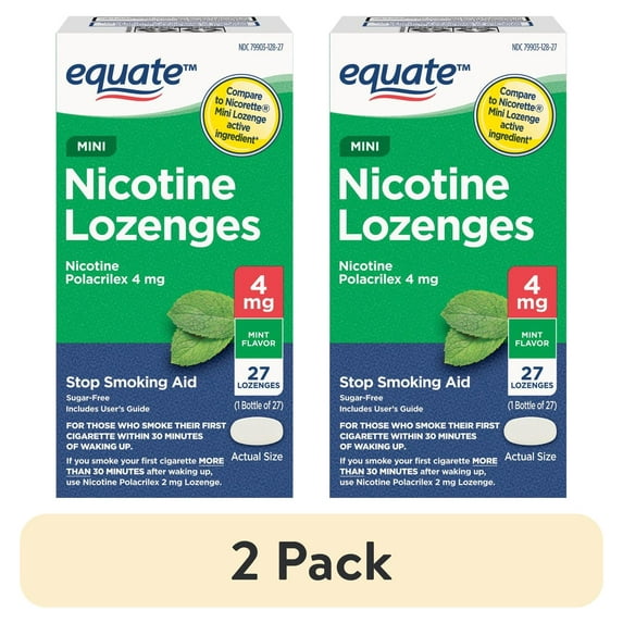 (2 pack) Equate Mini Nicotine Polacrilex Lozenges, Stop Smoking Aid, 4 mg, Mint Flavor, 27 Count, Compare to Nicorette® Mini Lozenge Active Ingredient
