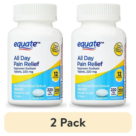 (2 pack) Equate All Day Pain Relief Naproxen Sodium Caplets, 220 mg, 200 Count, Compare to Aleve® Caplets Active Ingredient
