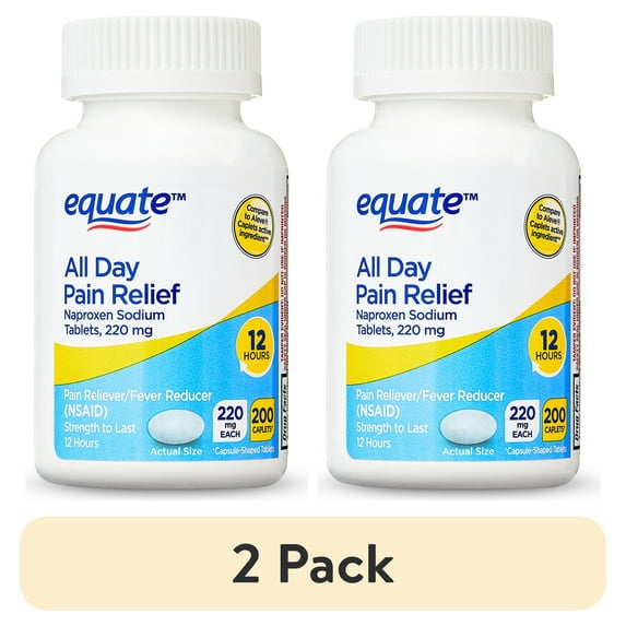 (2 pack) Equate All Day Pain Relief Naproxen Sodium Caplets, 220 mg, 200 Count, Compare to Aleve® Caplets Active Ingredient