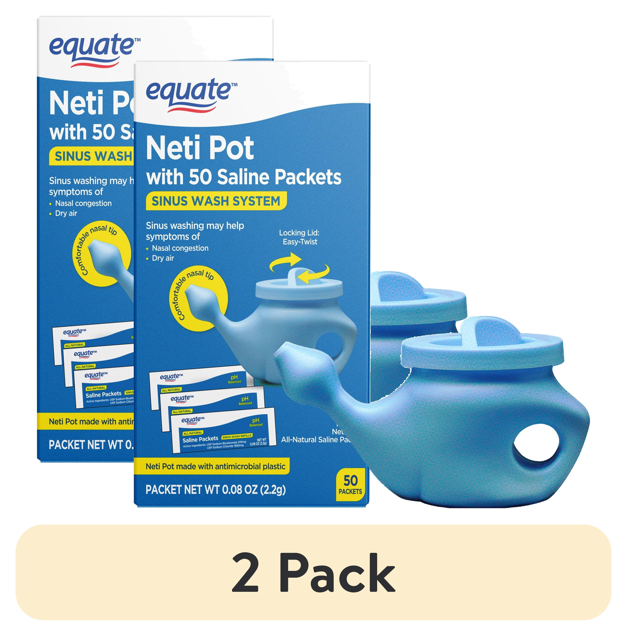 (2 pack) Equate Neti Pot Nasal Wash System with 50 Saline Packets for Sinus Congestion Relief, Blue