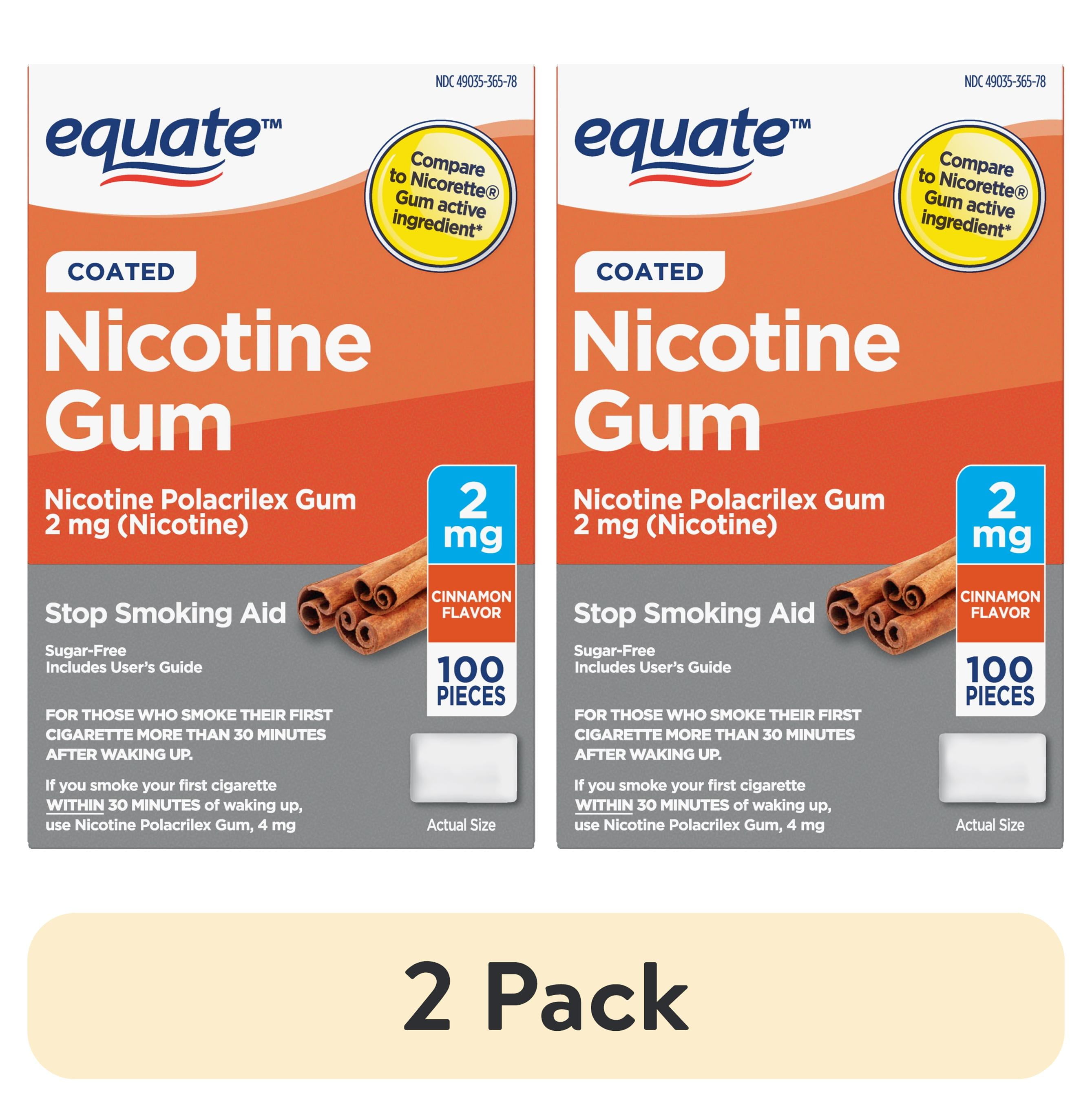(2 pack) Equate Nicotine Coated Gum 2 mg, Stop Smoking Aid, Cinnamon Flavor, 100 Count, Compare to Nicorette® Gum Active Ingredient