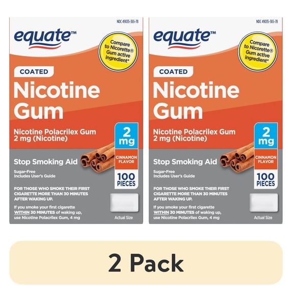 (2 pack) Equate Nicotine Coated Gum 2 mg, Stop Smoking Aid, Cinnamon Flavor, 100 Count, Compare to Nicorette® Gum Active Ingredient