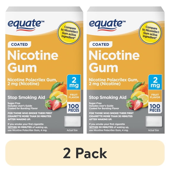 (2 pack) Equate Coated Nicotine Gum 2 mg, Fruit Flavor, Stop Smoking Aid, 100 Count