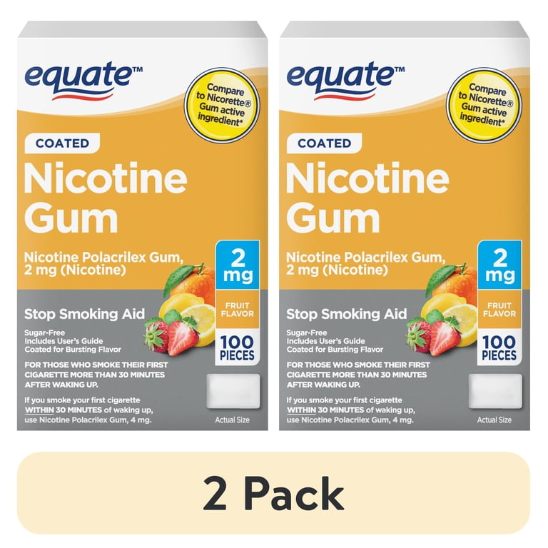 (2 pack) Equate Coated Nicotine Gum 2 mg, Fruit Flavor, Stop Smoking Aid,  100 Count