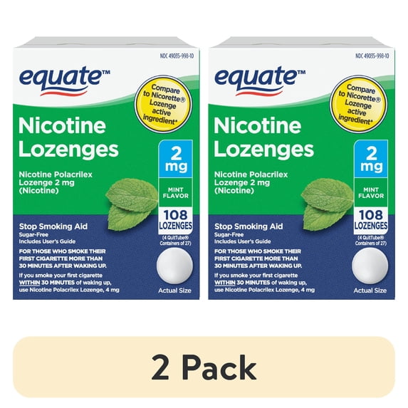 (2 pack) Equate Nicotine Polacrilex Lozenge 2 mg, Mint Flavor, Stop Smoking Aid, 108 Count, Compare to Nicorette® Lozenge Active Ingredient