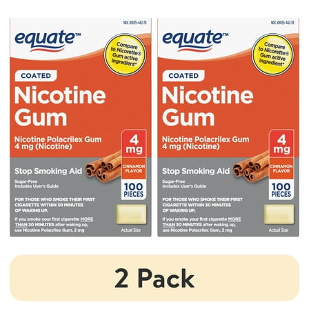 (2 pack) Equate Nicotine Polacrilex Coated Gum 4 mg, Cinnamon Flavor, Stop Smoking Aid, 100 Count