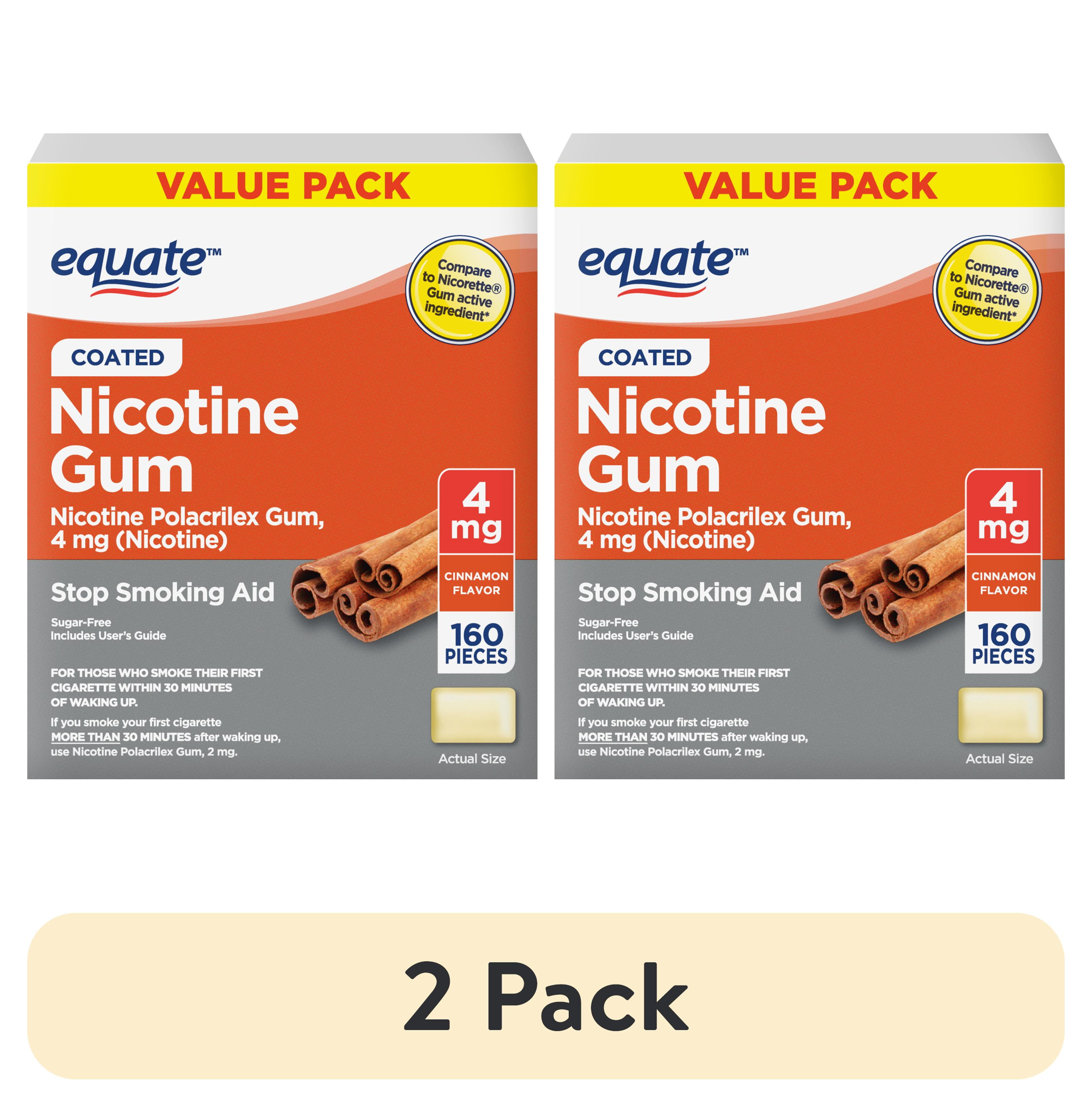 (2 pack) Equate Nicotine Gum 4 mg, Stop Smoking Aid, Cinnamon Flavor, Coated, 160 Count