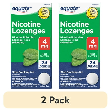 (2 pack) Equate Nicotine Polacrilex Lozenges, 4 mg, Mint Flavor, 24 Count, Compare to Nicorette® Lozenge Active Ingredient