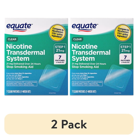 (2 pack) Equate Nicotine Transdermal System Step 1 Clear Patches, 21 mg, 7 Count, Compare to Nicoderm® CQ® Active Ingredient