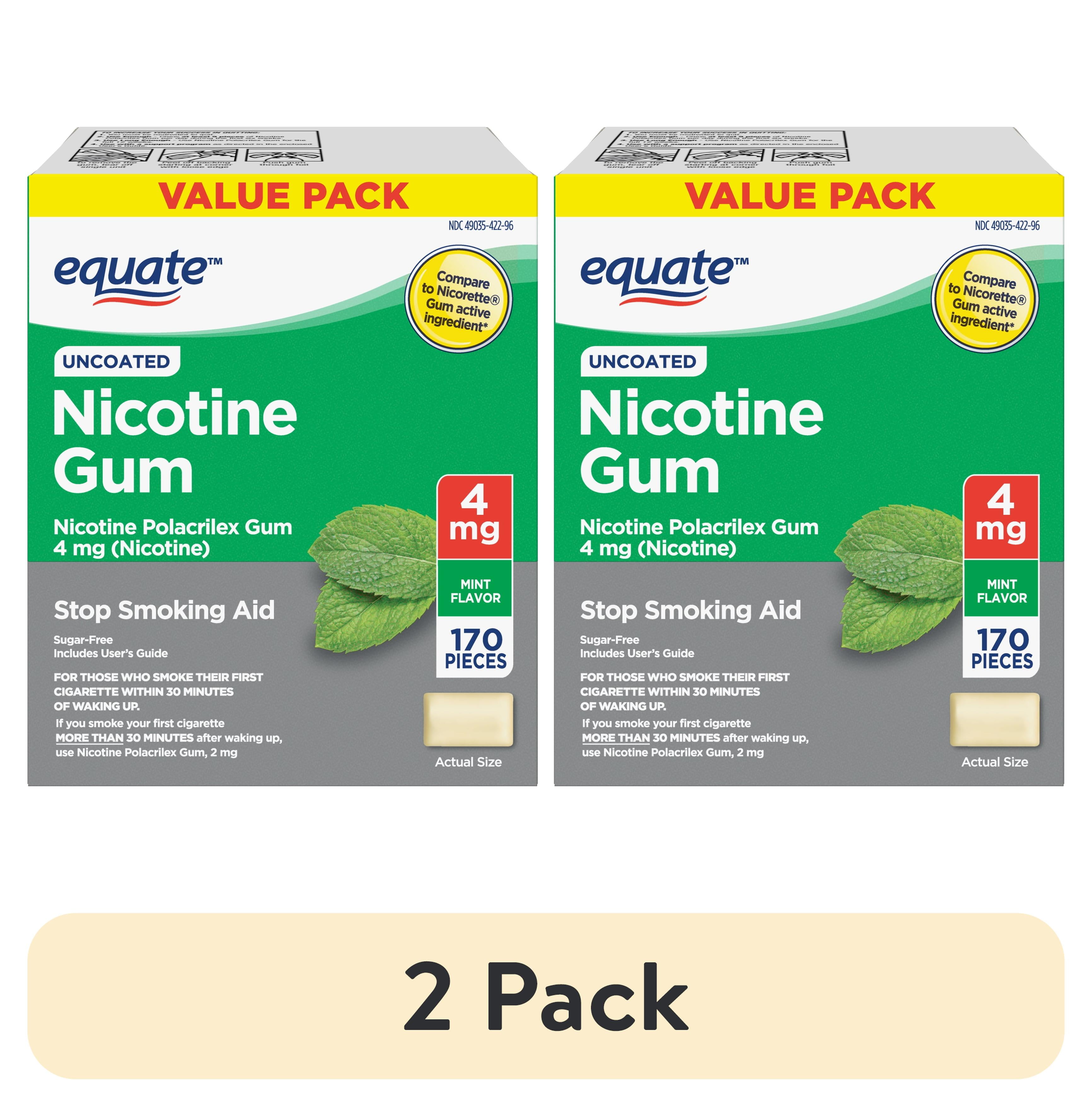 (2 pack) Equate Nicotine Uncoated Gum 4 mg, Stop Smoking Aid, Mint Flavor, 170 Count, Compare to Nicorette Gum Active Ingredient