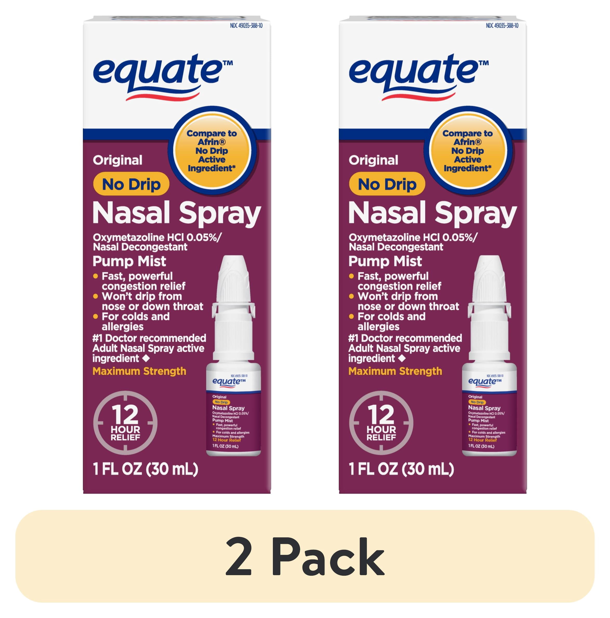 (2 pack) Equate Original No Drip Nasal Spray Oxymetazoline HCl 0.05% Nasal Decongestant, Maximum Strength, 12 Hour, 1 fl oz, Compare to Afrin® No Drip Active Ingredient