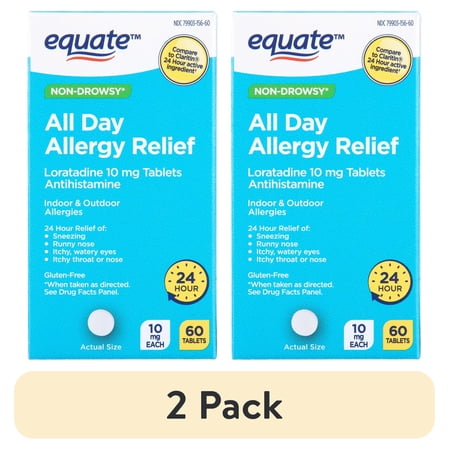 (2 pack) Equate Non-Drowsy All Day Allergy Relief Loratadine 10 mg Tablets, 60 Count