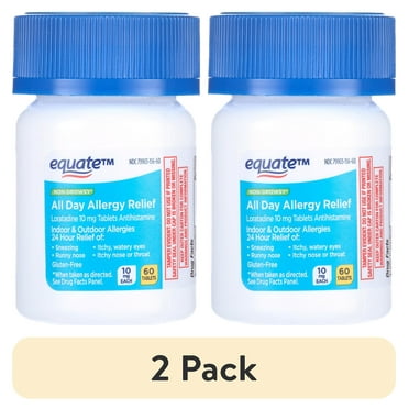(2 pack) Equate Non-Drowsy All Day Allergy Relief Loratadine 10 mg Tablets Antihistamine, 60 Count, Compare to Claritin® 24 Hour Active Ingredient