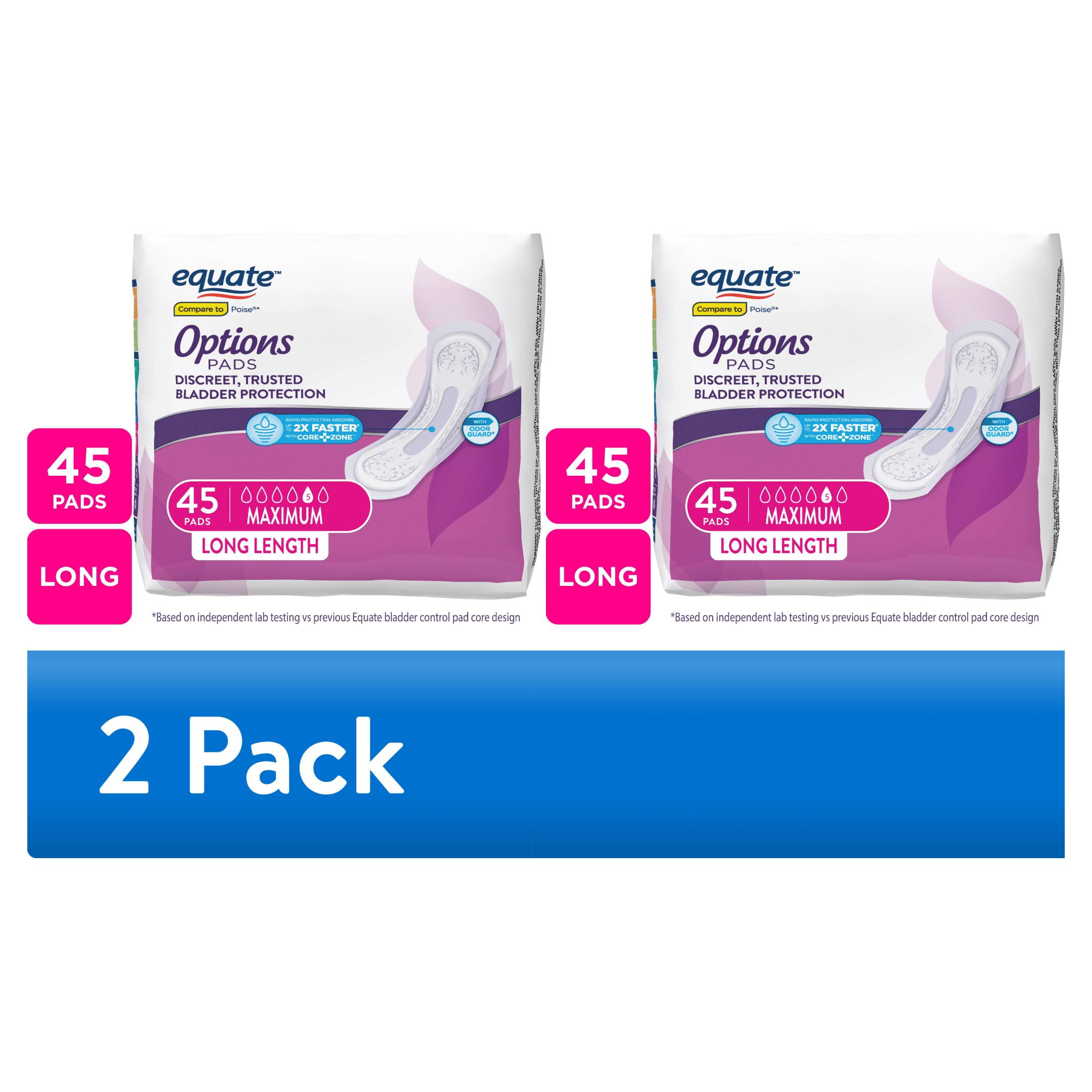(2 pack) Equate Options Women's Incontinence Pads, Maximum Absorbency, Long Length (45 Count), Compare to Poise