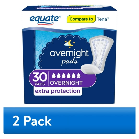 (2 pack) (2 pack) Equate Women's Overnight Incontinence Pads, Ultimate Absorbency (60 Count), Compare to Tena