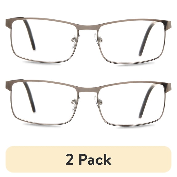 (2 pack) Equate Men's Rectangular Reading Glasses with Case, Gunmetal, +2.00
