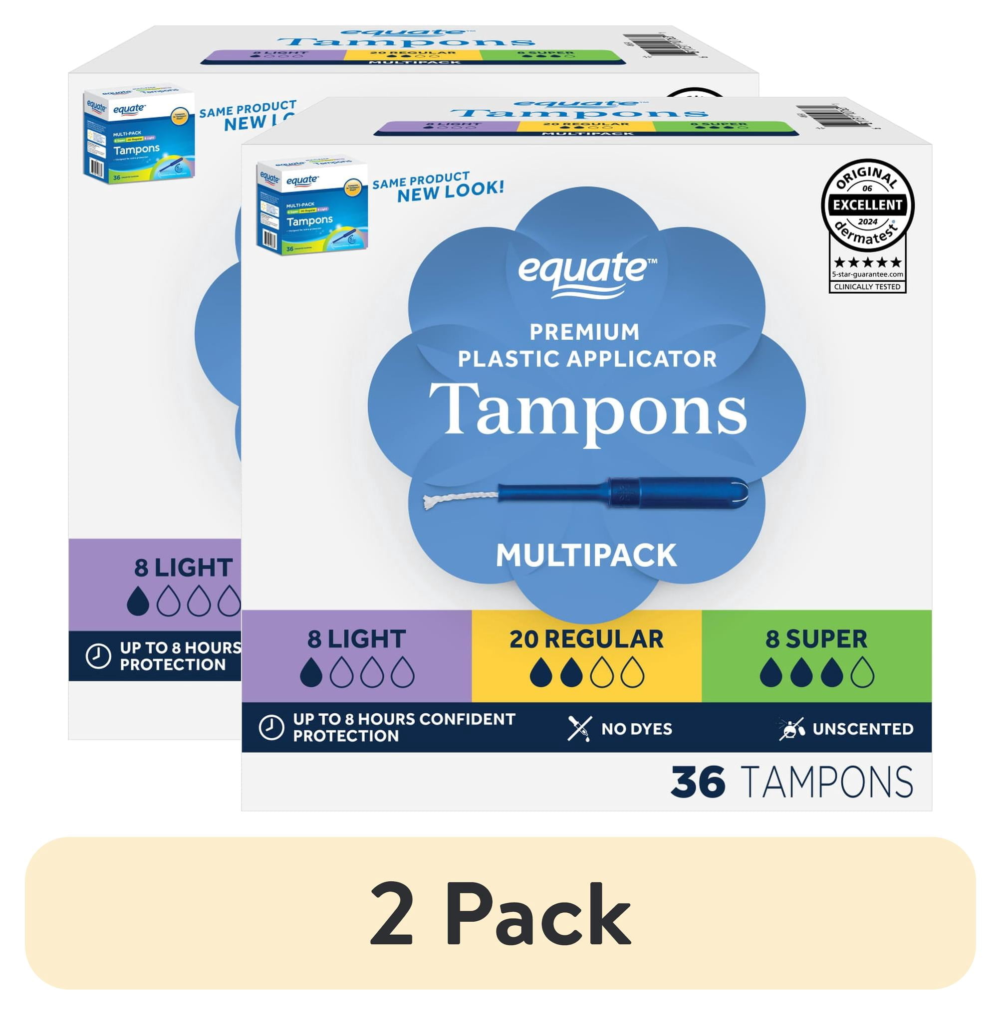 (2 pack) Equate Unscented Tampons with Plastic Applicators, Light/Regular/Super Absorbency, 36 Count