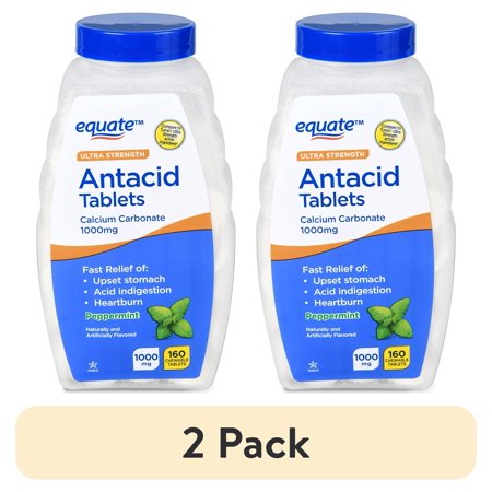 (2 pack) Equate Ultra Strength Antacid 1000mg Peppermint Chewable Tablets, 160 Count, Compare to Tums Ultra Strength