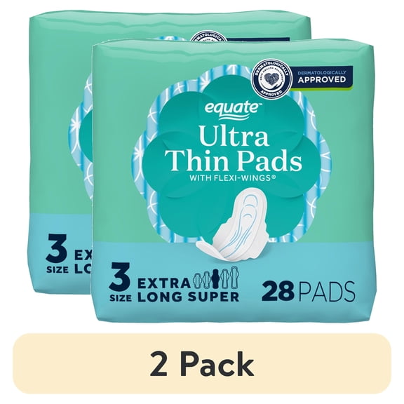 (2 pack) Equate Ultra Thin Pads with Wings, Size 3, Extra Long Super Absorbency, Compare to Always (28 Count)