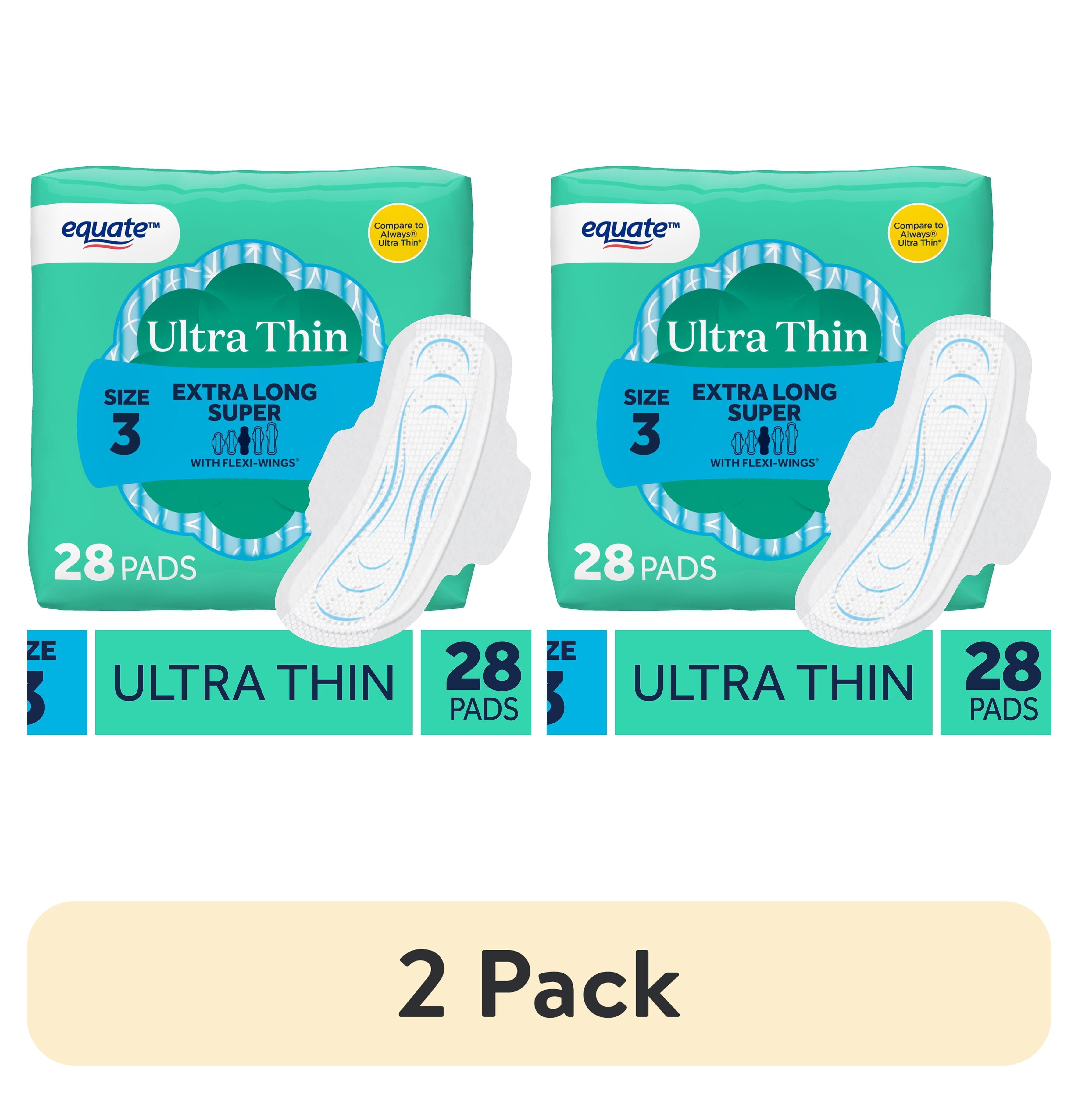 (2 pack) Equate Ultra Thin Pads with Flexi-Wings, Extra Long Super Absorbency, Size 3, 28 Count
