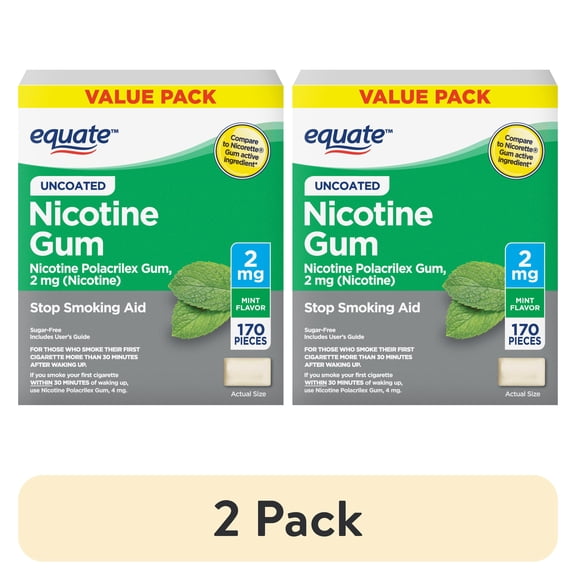 (2 pack) Equate Nicotine Gum 2 mg, Stop Smoking Aid, Mint Flavor, Uncoated, 170 Count