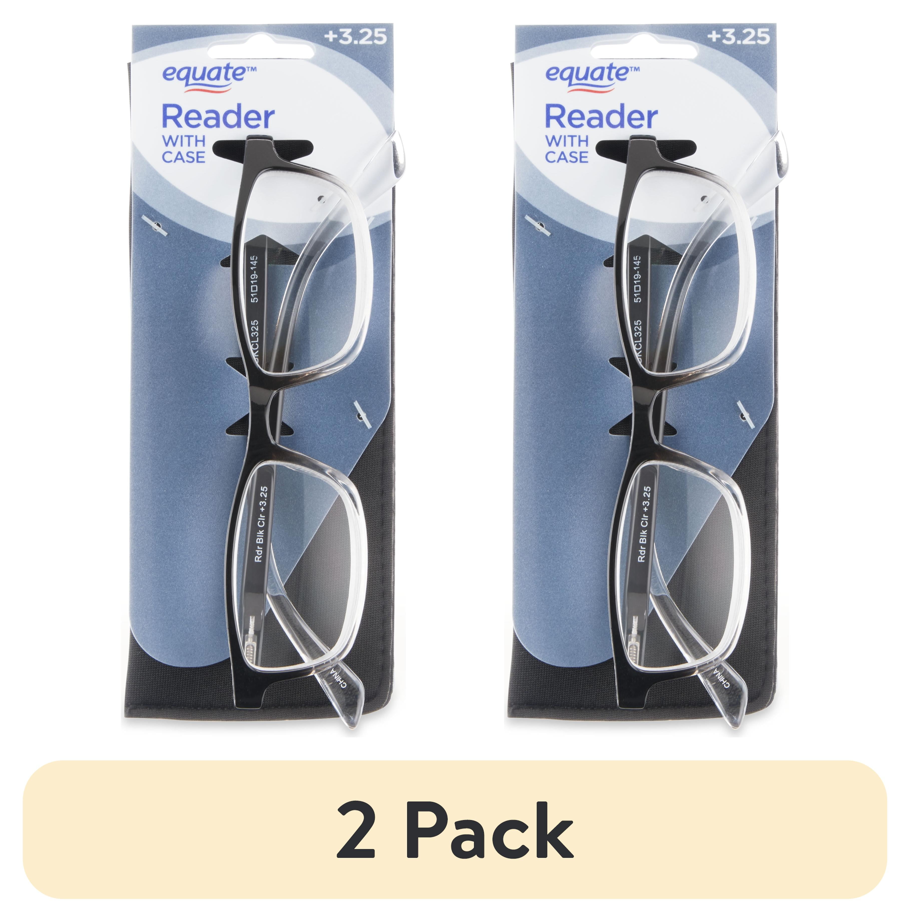 (2 pack) Equate Unisex Full Rim Reading Glasses, Plastic Lens, Black/Clear, with Case, +3.25 Magnification
