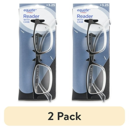 (2 pack) Equate Unisex Full Rim Reading Glasses, Plastic Lens, Black/Clear, with Case, +3.25 Magnification