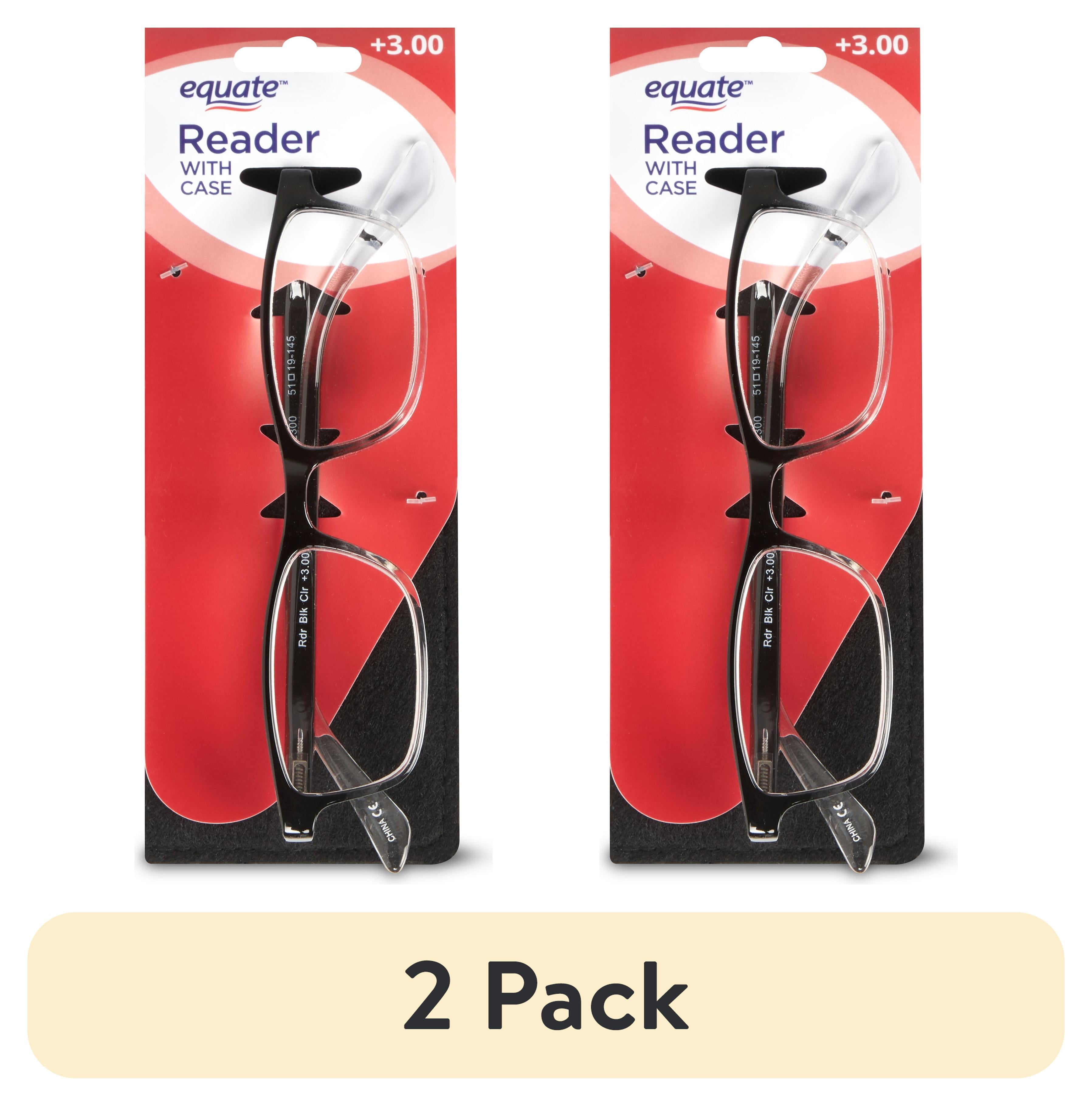 (2 pack) Equate Unisex Reader Glasses with Case, Plastic Lens, Black and Clear Color, +3.00