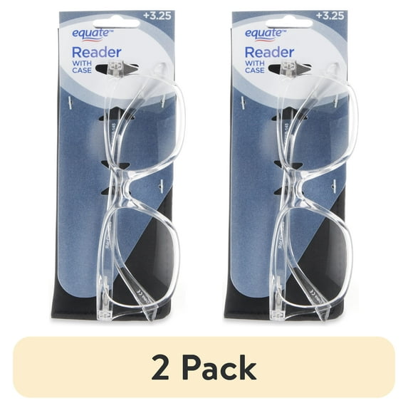 (2 pack) Equate Unisex Reading Glasses, Rectangular Frame Style with Case, Plastic Lenses, Clear, +3.25