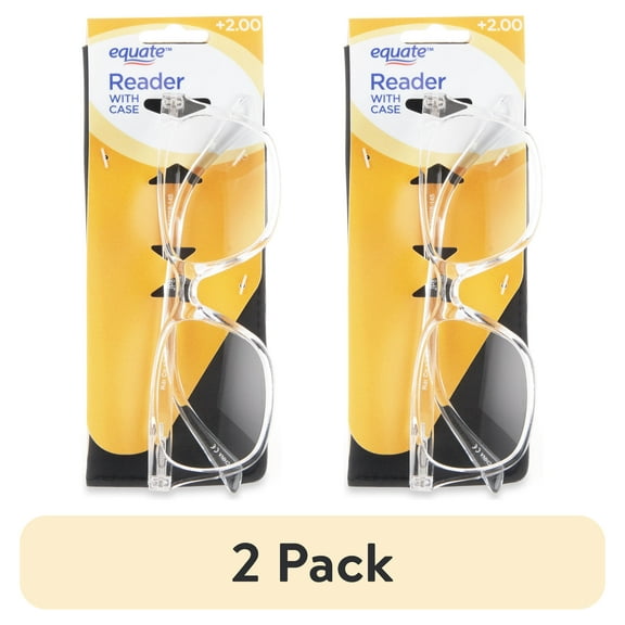 (2 pack) Equate Unisex Rectangular Reading Glasses, Single Vision with Case, Plastic Lenses, Clear, +2.00