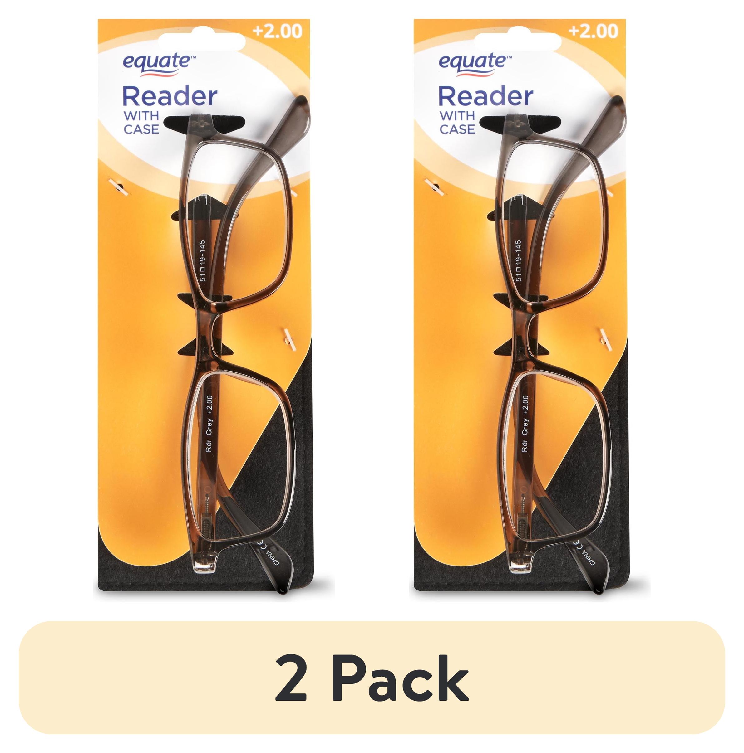 (2 pack) Equate Unisex Rectangular Reading Glasses, Single Vision with Case, Plastic Lenses, Steel Gray,+2.00