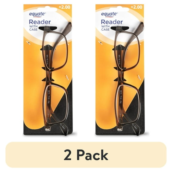 (2 pack) Equate Unisex Rectangular Reading Glasses, Single Vision with Case, Plastic Lenses, Steel Gray,+2.00
