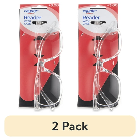 (2 pack) Equate Unisex Rectangular Single Vision Reading Glasses with Case, Plastic Lenses, Clear, +3.00