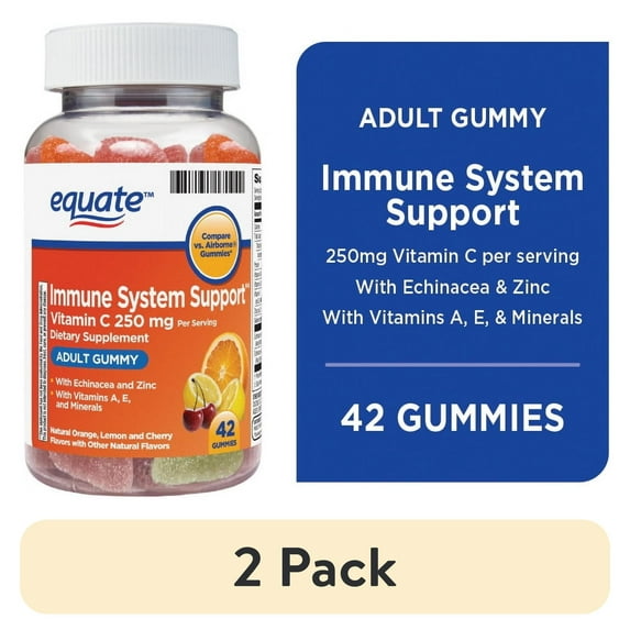 (2 pack) Equate Immune System Support Vitamin C Gummies, 250 mg, Orange Lemon Cherry Flavor, 42 Count, Compare vs Airborne® Gummies