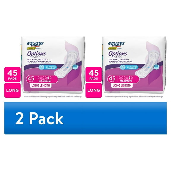 (2 pack) Equuate Options Women's Incontinence Pads, Maximum Absorbency, Long Length (45 Count), Compare to Poise