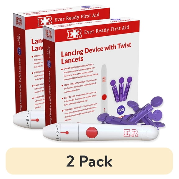 (2 pack) Ever Ready First Aid Lancing Device with 100 30-Gauge Twist Lancets for Sugar Testing