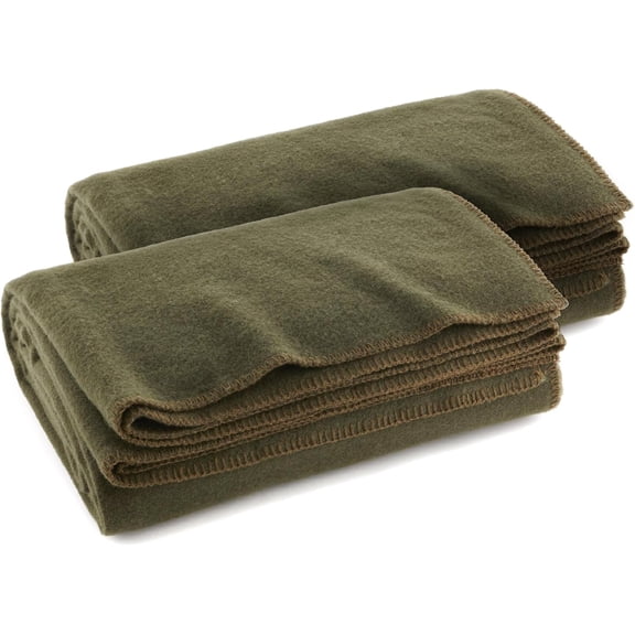 (2 pack) Ever Ready First Aid Warm Fire Retardant Blanket, 66" x 90" (80% Wool) - US Military Style - Olive Drab Green