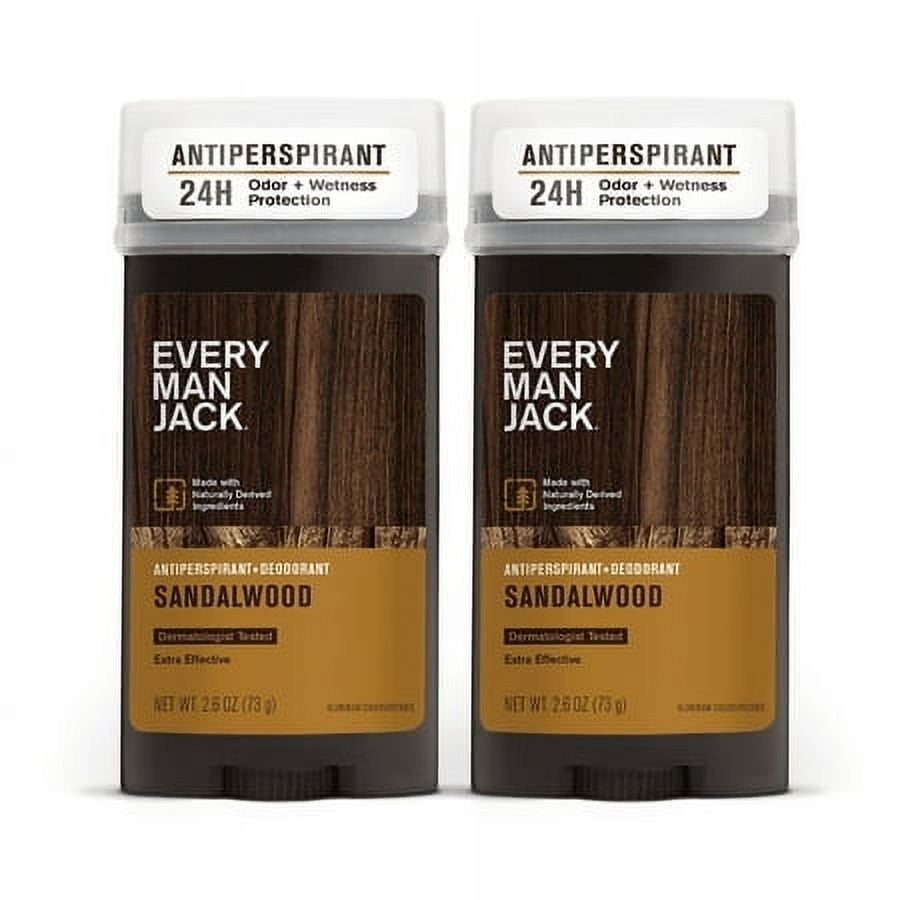 (2 pack) Every Man Jack Men's Antiperspirant Deodorant for Long Lasting Odor and Sweat Protection, Sandalwood, 2.6 oz