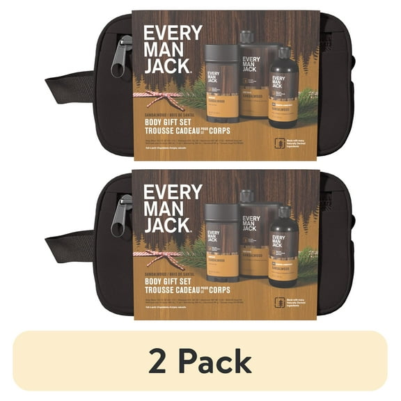 (2 pack) Every Man Jack Men's Bath and Body Christmas Holiday Gift Set for All Skin Types, Sandalwood, 4 Pieces - Body Wash, Shampoo, Deodorant, and Dopp Bag