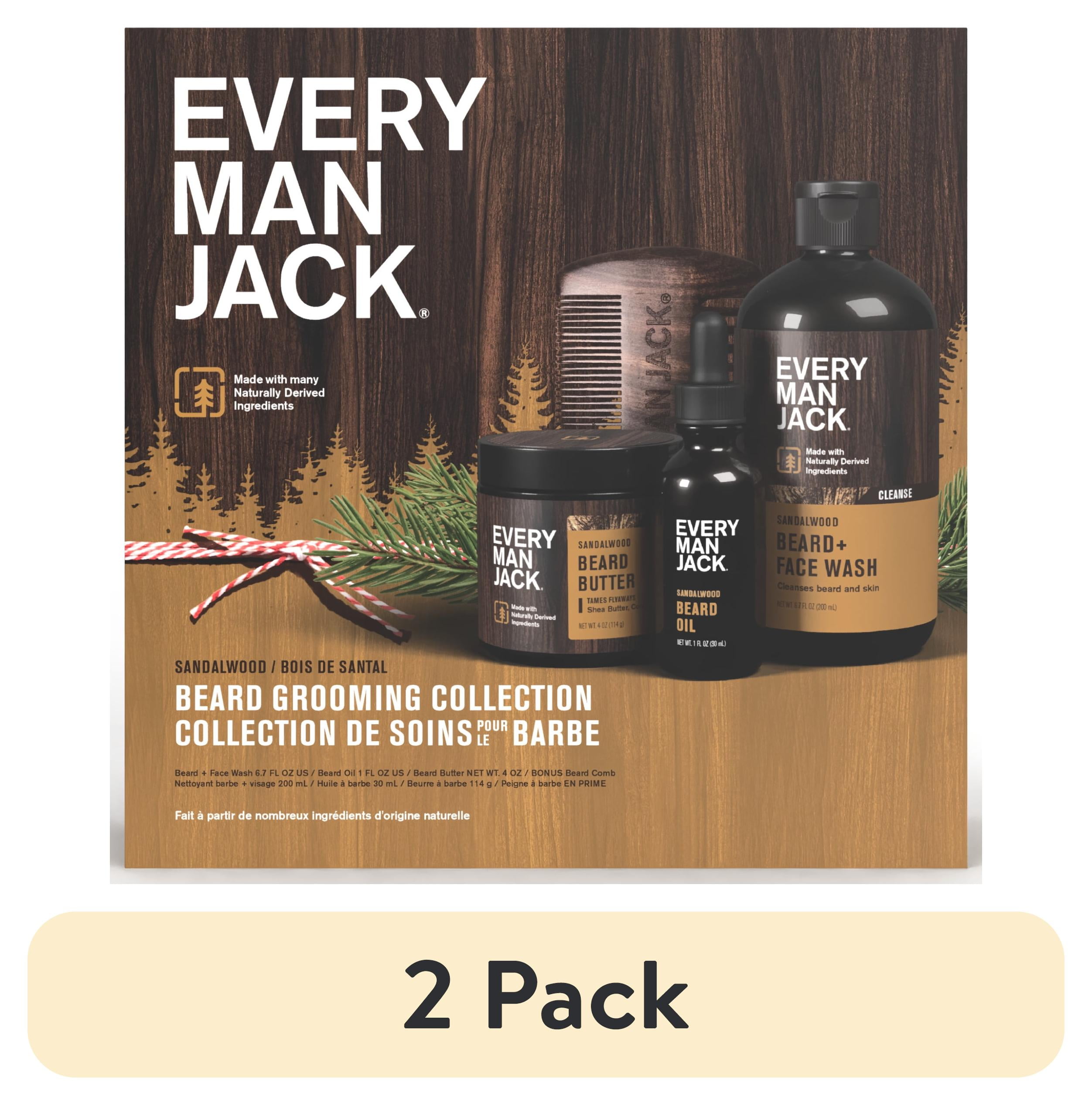(2 pack) Every Man Jack Sandalwood Beard Kit Gift Set for Men, Face Wash, Beard Butter, Beard Oil & Comb